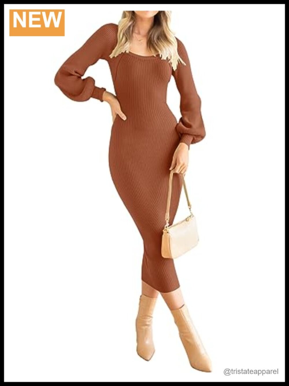 Knit Long Sleeve Bodycon Sweater Dress Square Neck Midi Fall Winter